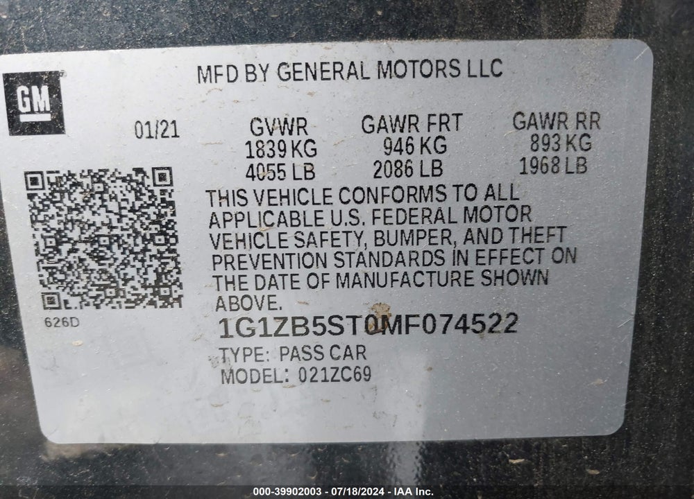 2021 CHEVROLET MALIBU FWD LS VIN: 1G1ZB5ST0MF074522
