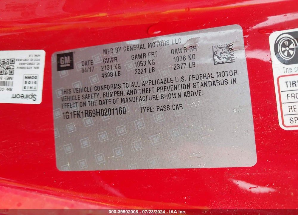 2017 CHEVROLET CAMARO ZL1 VIN: 1G1FK1R69H0201160