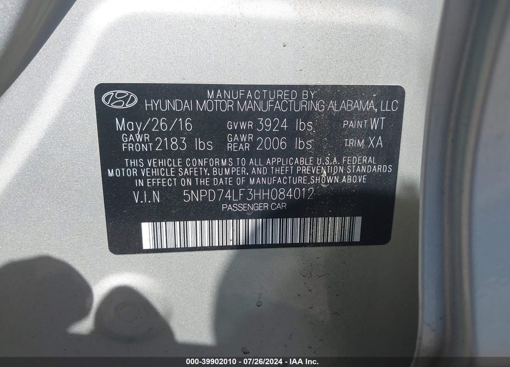 2017 HYUNDAI ELANTRA SE VIN: 5NPD74LF3HH084012