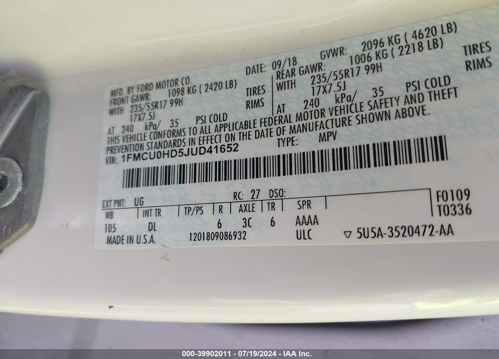 2018 FORD ESCAPE SEL VIN: 1FMCU0HD5JUD41652