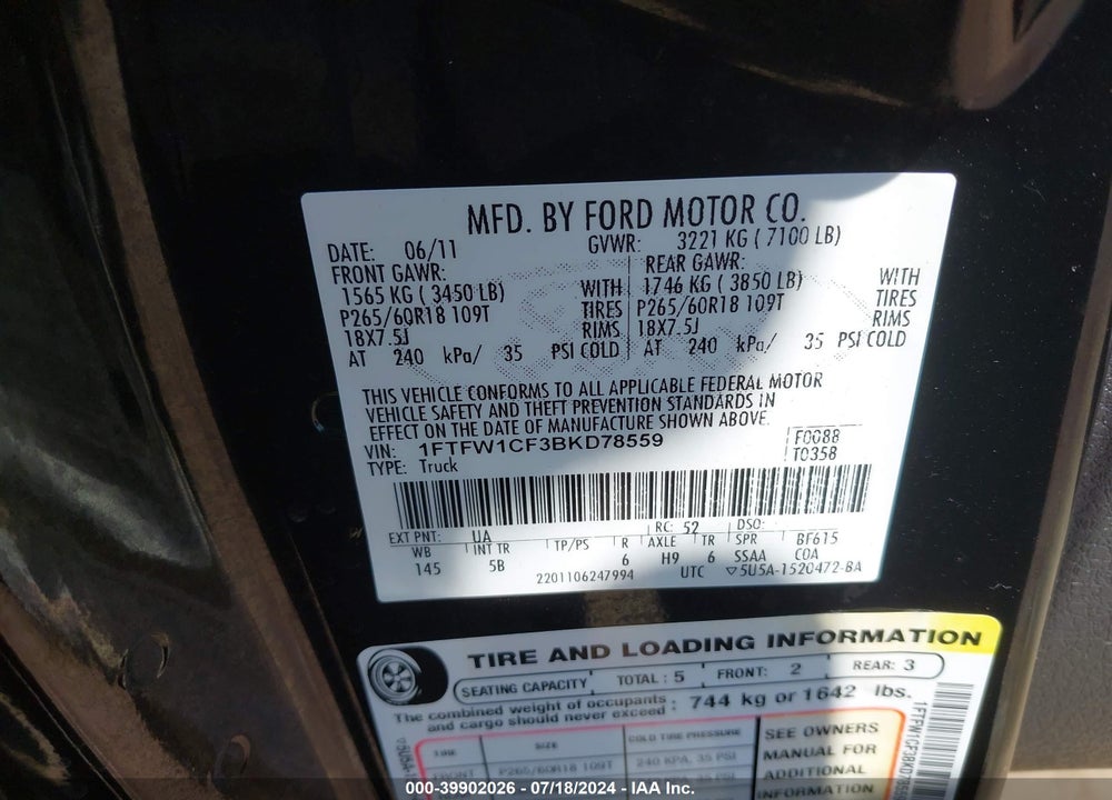 2011 FORD F-150 VIN: 1FTFW1CF3BKD78559