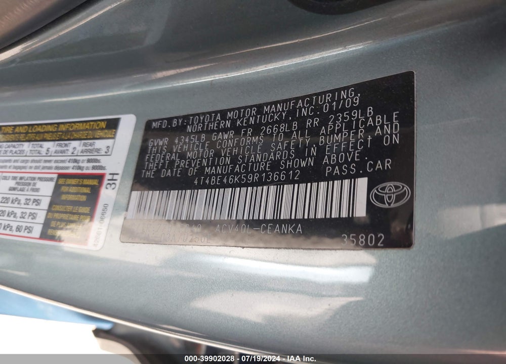 2009 TOYOTA CAMRY LE VIN: 4T4BE46K59R136612