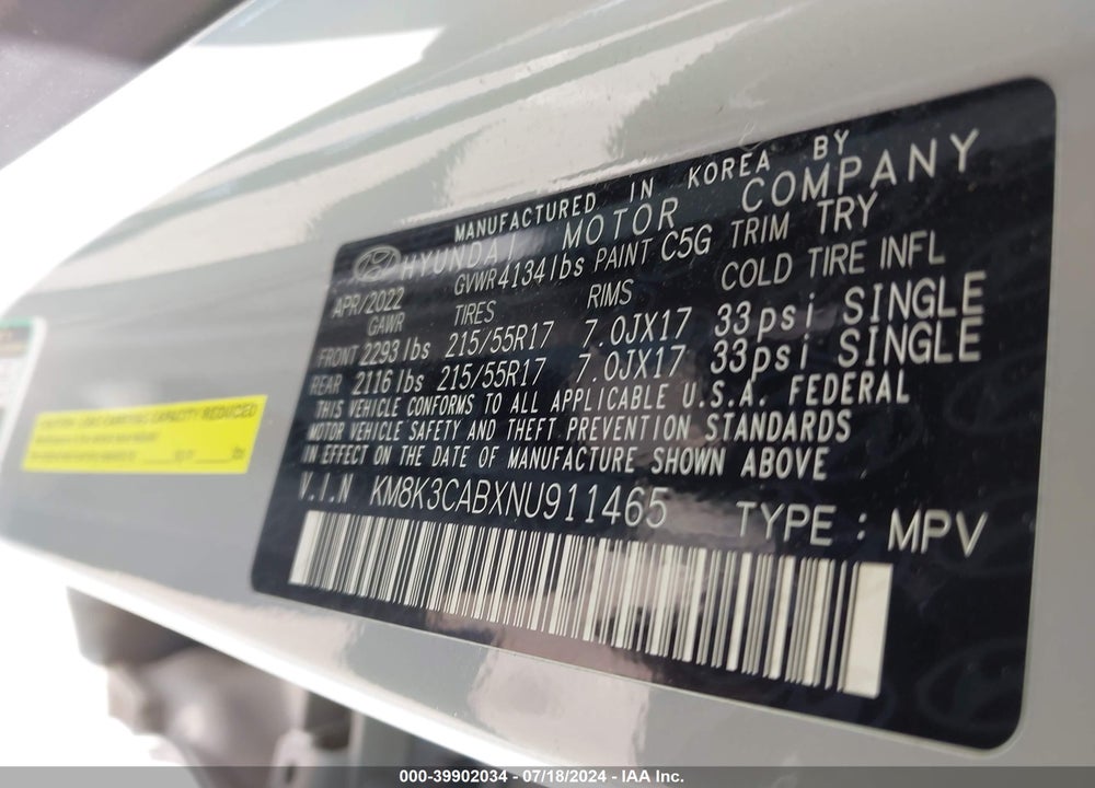 2022 HYUNDAI KONA SEL VIN: KM8K3CABXNU911465
