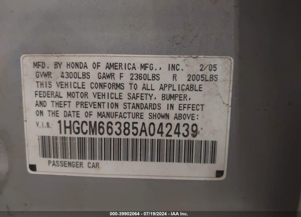 2005 HONDA ACCORD 3.0 LX VIN: 1HGCM66385A042439