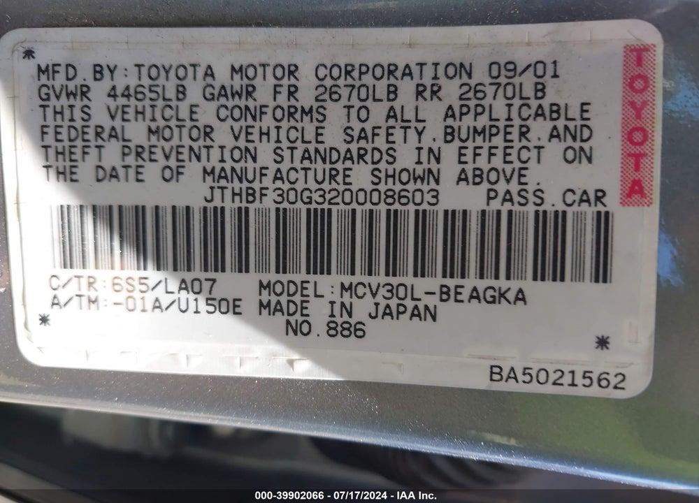 2002 LEXUS ES 300 VIN: JTHBF30G320008603