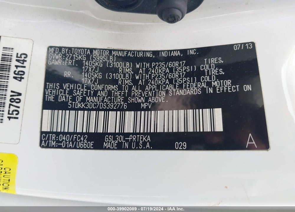 2013 TOYOTA SIENNA LE V6 8 PASSENGER VIN: 5TDKK3DC7DS392776