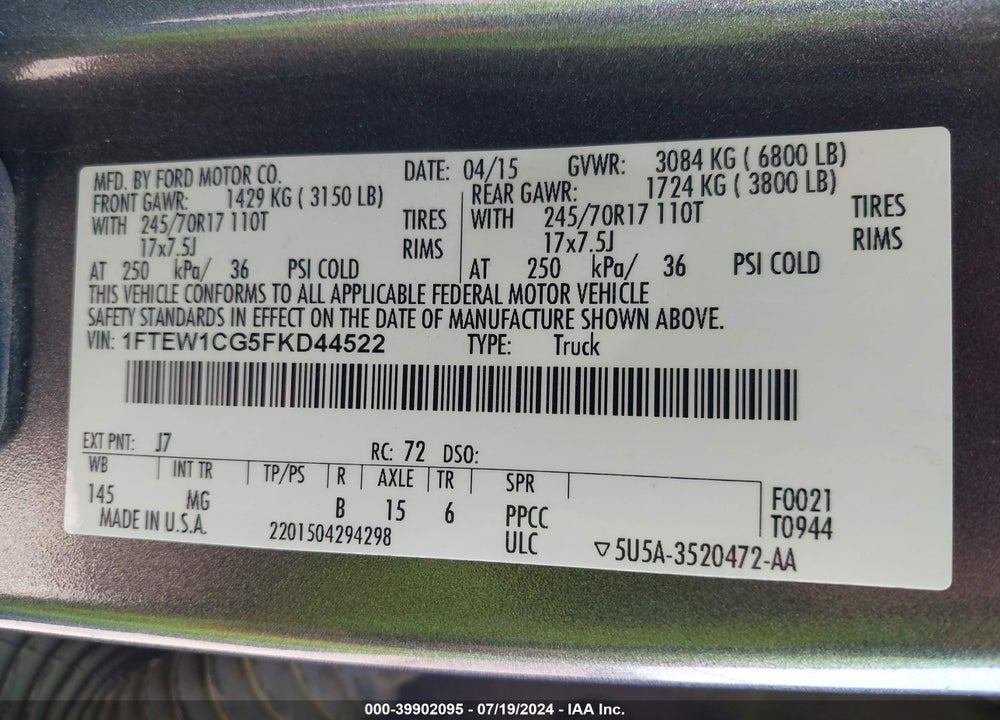 2015 FORD F-150 XLT VIN: 1FTEW1CG5FKD44522