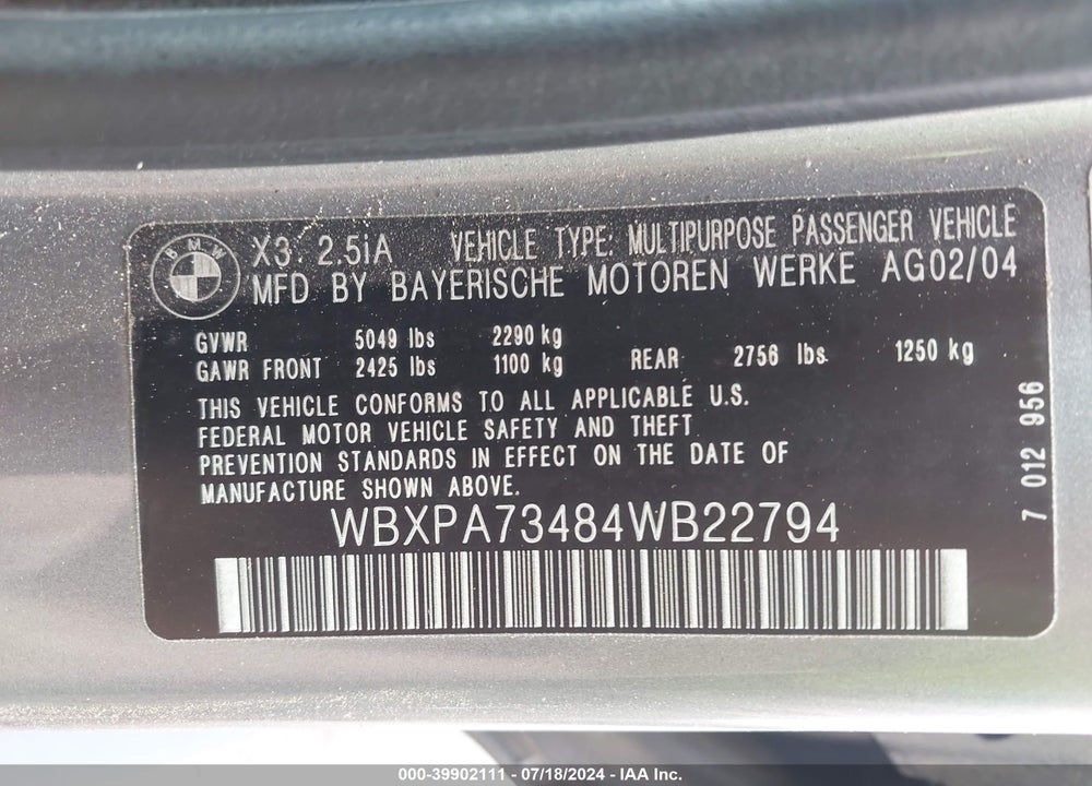 2004 BMW X3 VIN: WBXPA73484WB22794
