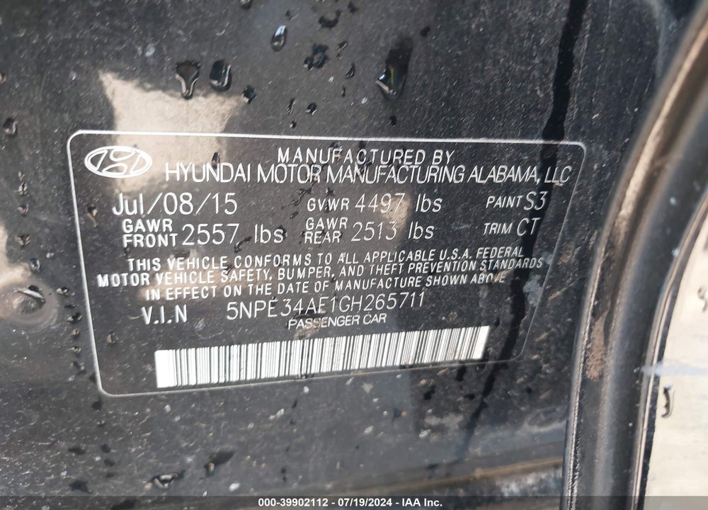 2016 HYUNDAI SONATA SPORT VIN: 5NPE34AF1GH265711