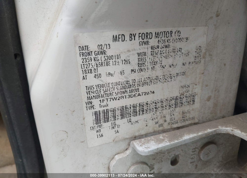 2013 FORD F-250 LARIAT VIN: 1FT7W2BT3DEA72934