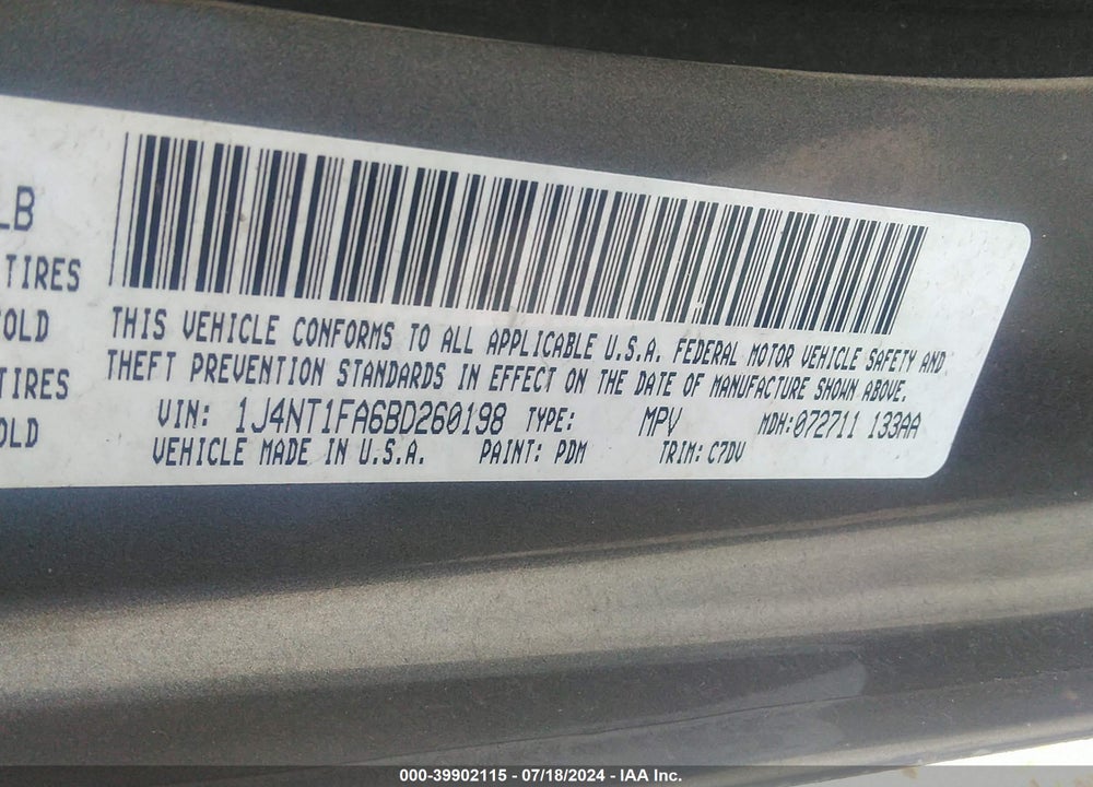 2011 JEEP COMPASS VIN: 1J4NT1FA6BD260198