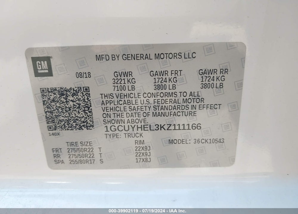 2019 CHEVROLET SILVERADO 1500 HIGH COUNTRY VIN: 1GCUYHEL3KZ111166