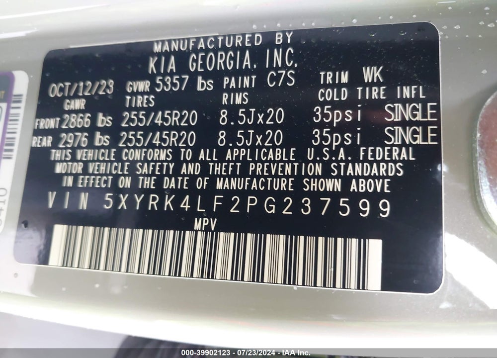 2023 KIA SORENTO SX VIN: 5XYRK4LF2PG237599