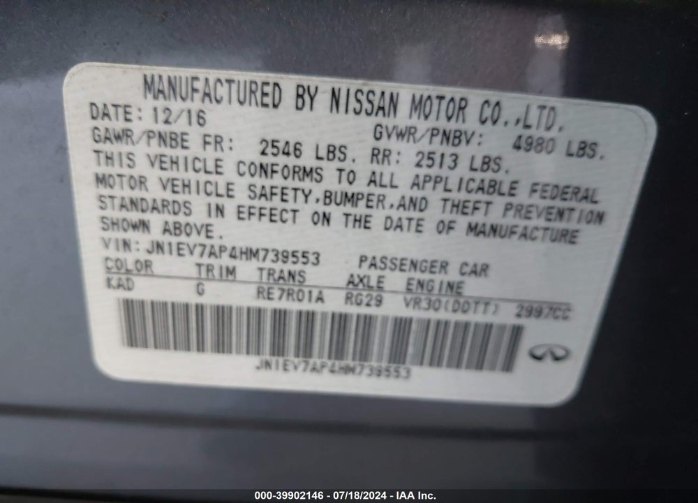 2017 INFINITI Q50 3.0T PREMIUM VIN: JN1EV7AP4HM739553
