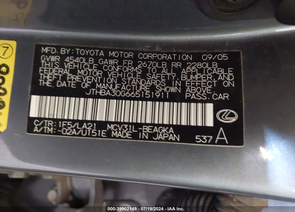 2006 LEXUS ES 330 VIN: JTHBA30G665151911