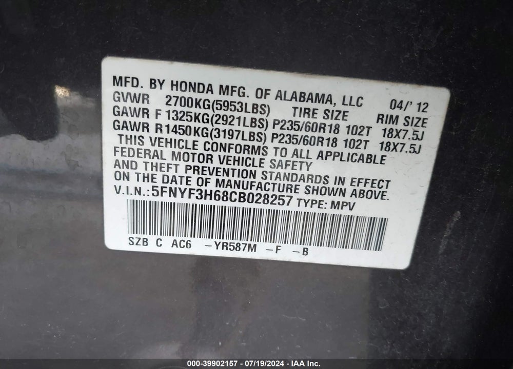 2012 HONDA PILOT EX-L VIN: 5FNYF3H68CB028257
