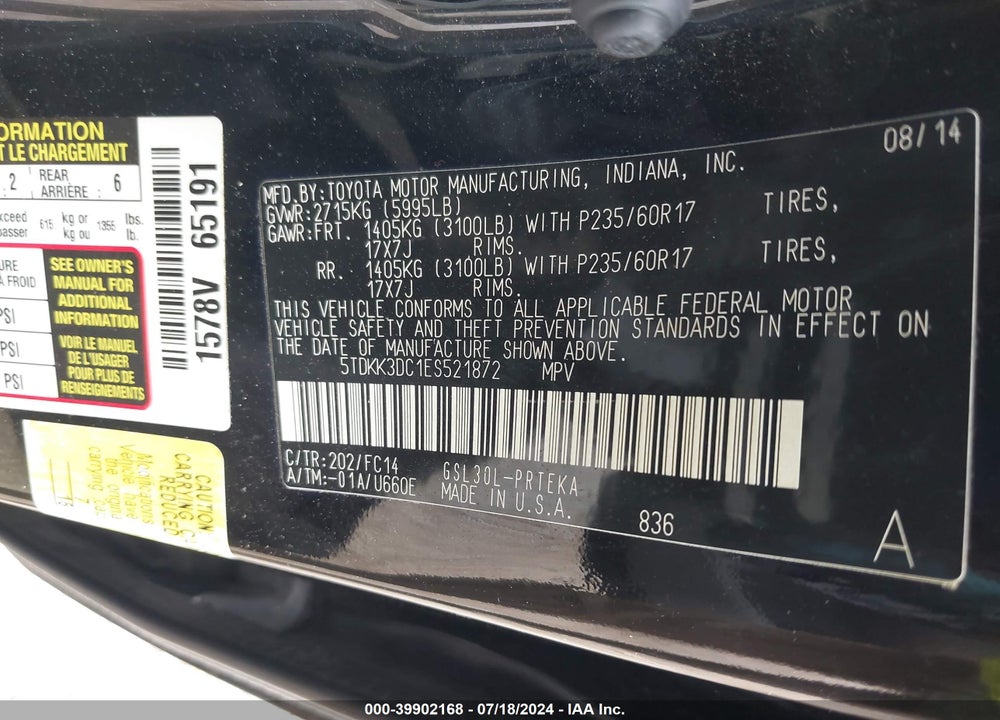 2014 TOYOTA SIENNA LE V6 8 PASSENGER VIN: 5TDKK3DC1ES521872