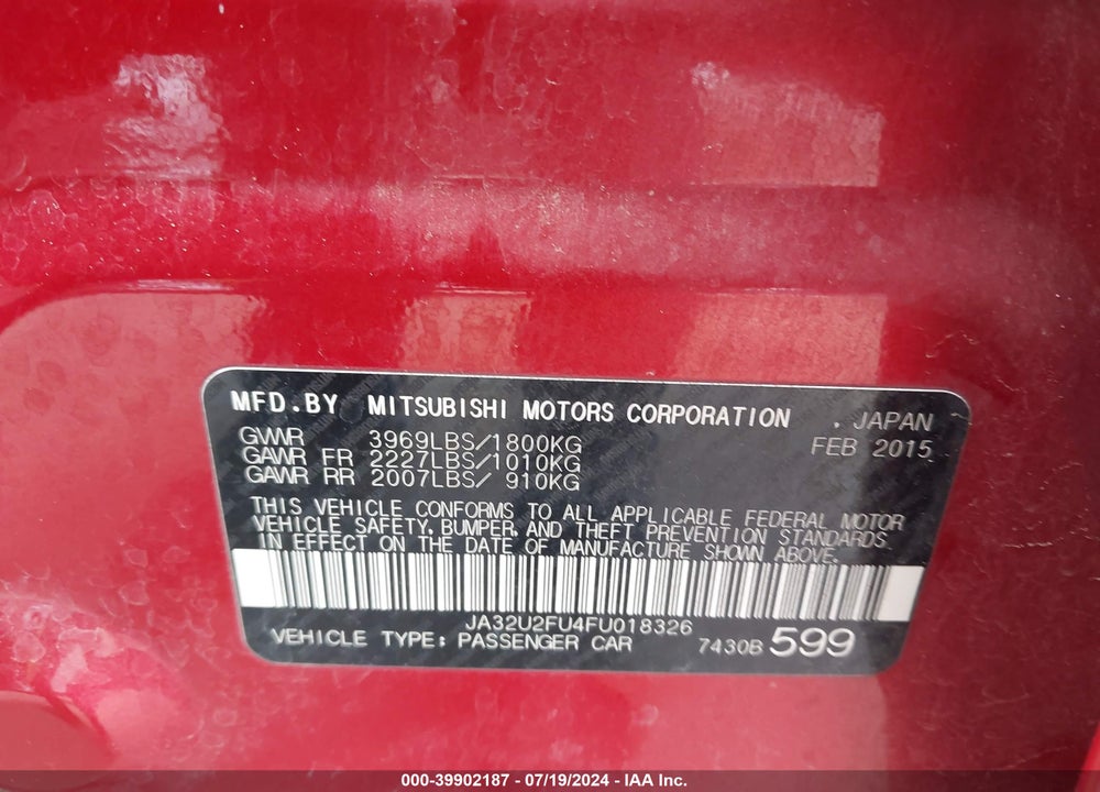 2015 MITSUBISHI LANCER ES VIN: JA32U2FU4FU018326