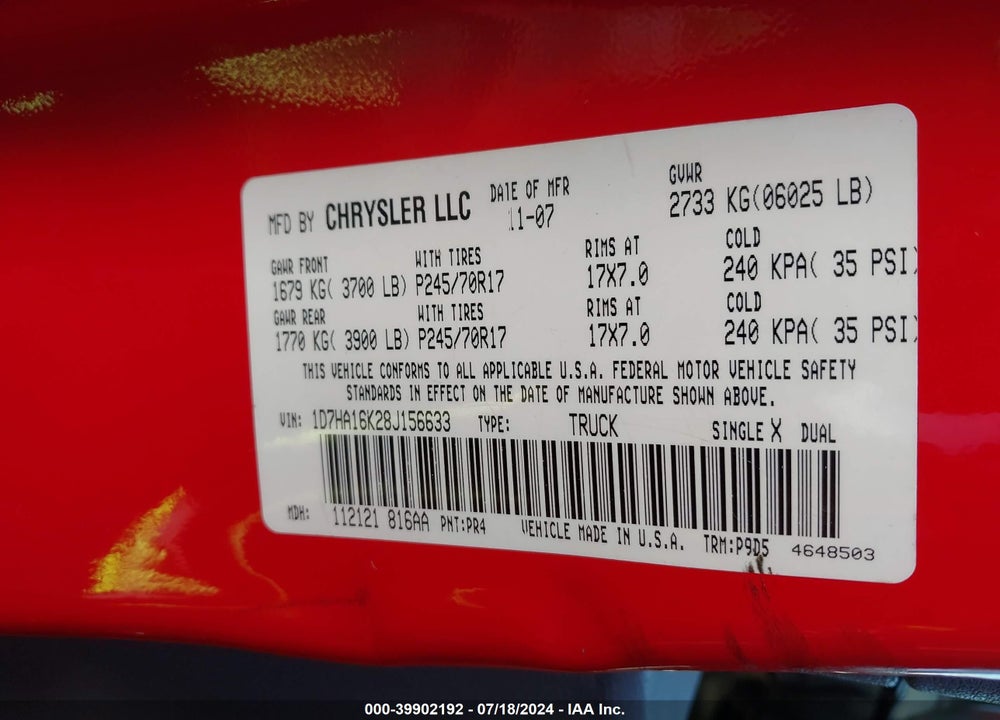 2008 DODGE RAM 1500 ST/SXT VIN: 1D7HA16K28J156633