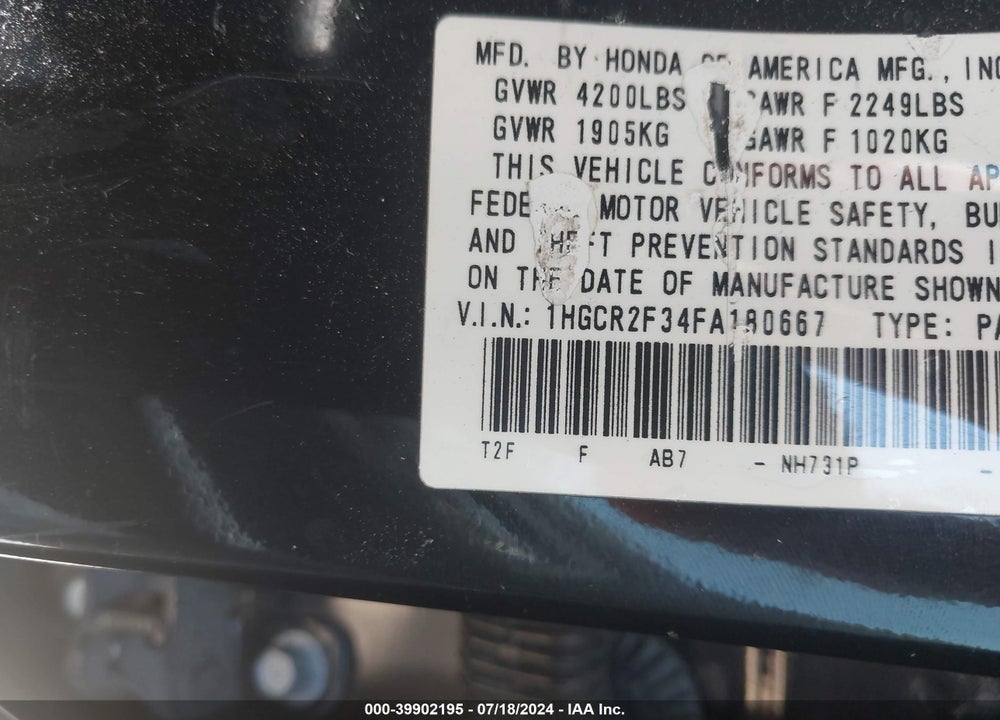2015 HONDA ACCORD LX VIN: 1HGCR2F34FA180667