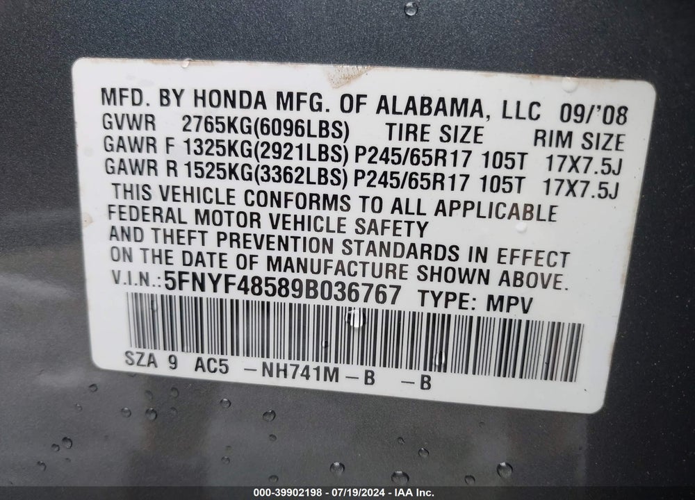 2009 HONDA PILOT EX-L VIN: 5FNYF48589B036767