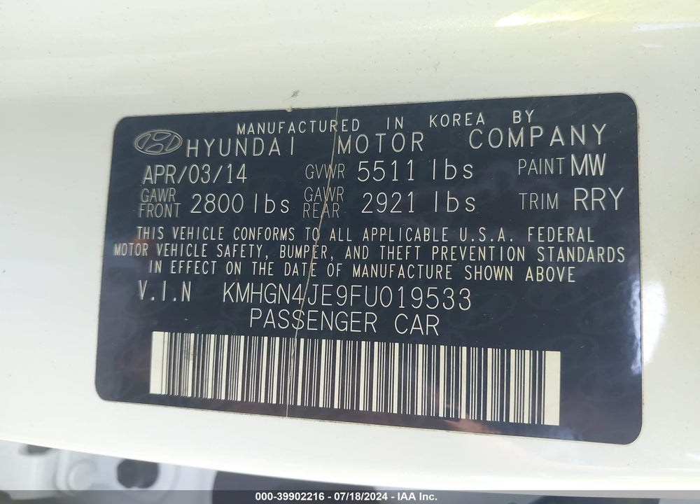 2015 HYUNDAI GENESIS 3.8 VIN: KMHGN4JE9FU019533