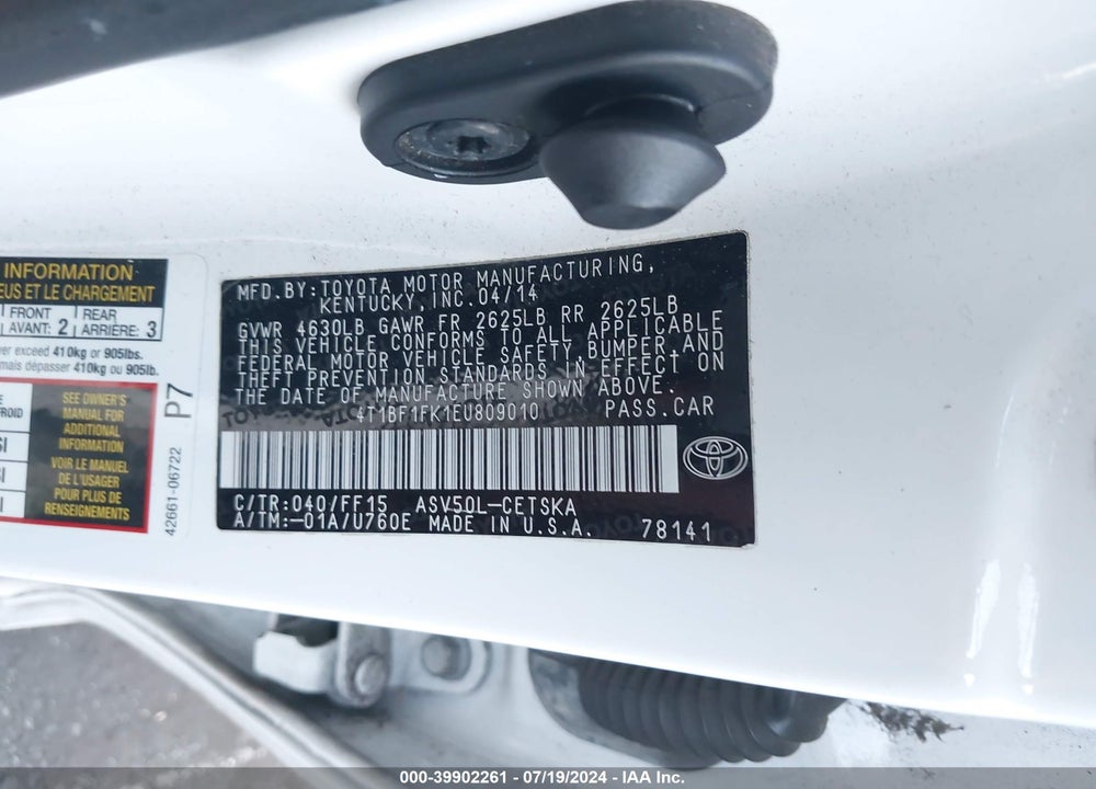 2014 TOYOTA CAMRY SE VIN: 4T1BF1FK1EU809010