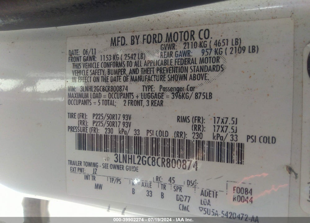 2012 LINCOLN MKZ VIN: 3LNHL2GC8CR800874