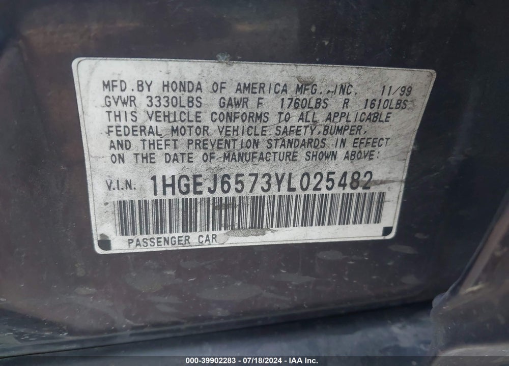 2000 HONDA CIVIC LX VIN: 1HGEJ6573YL025482