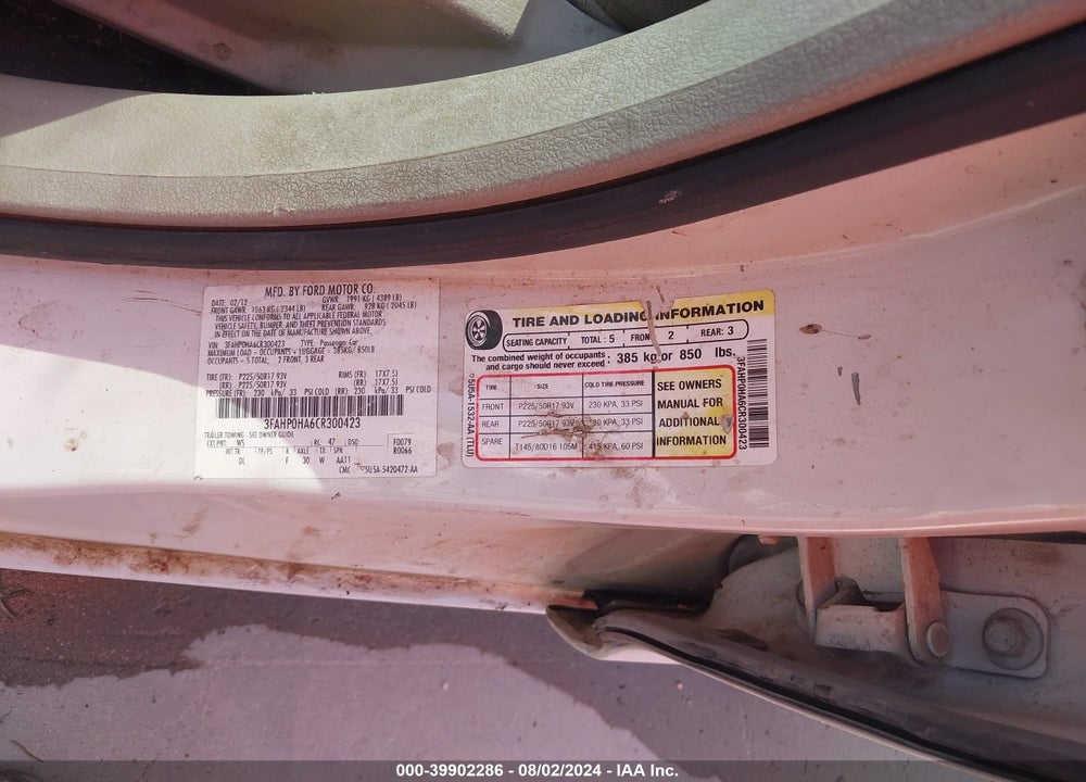 2012 FORD FUSION SE VIN: 3FAHP0HA6CR300423