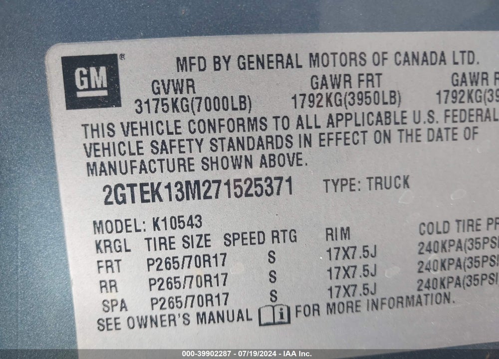 2007 GMC SIERRA 1500 SLE1 VIN: 2GTEK13M271525371
