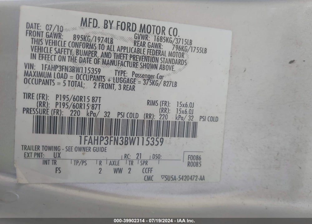 2011 FORD FOCUS VIN: 1FAHP3FN3BW115359