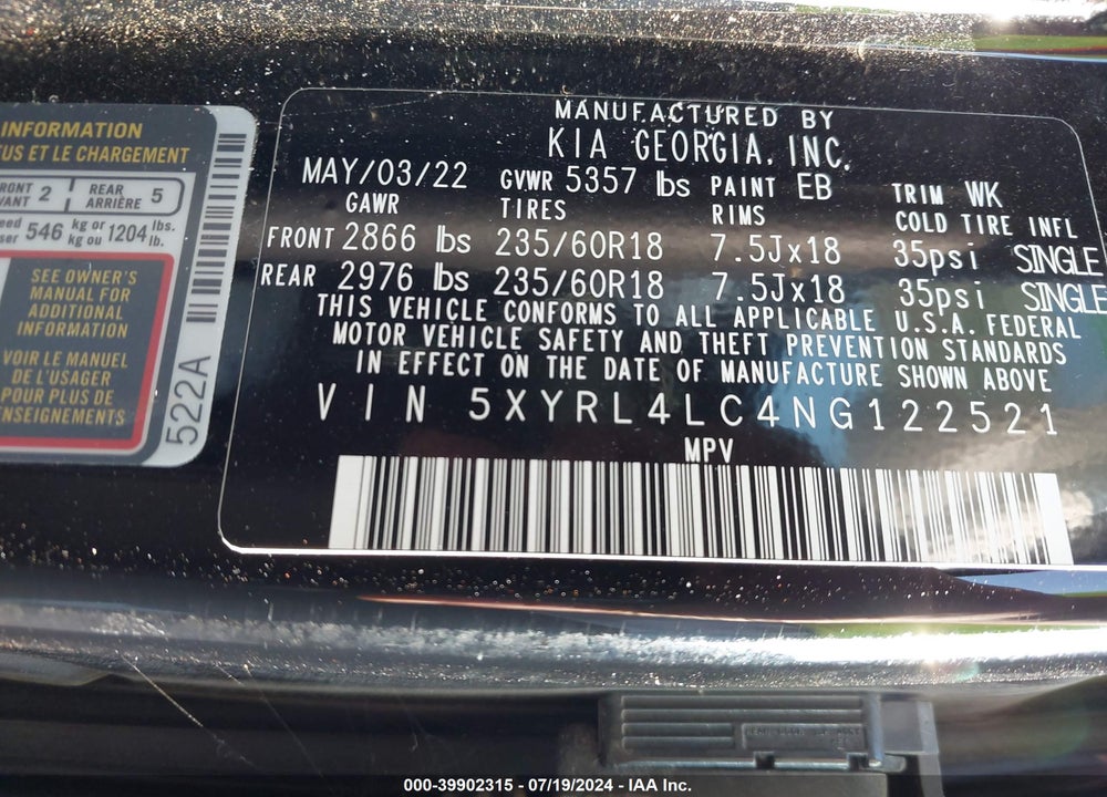 2022 KIA SORENTO S VIN: 5XYRL4LC4NG122521