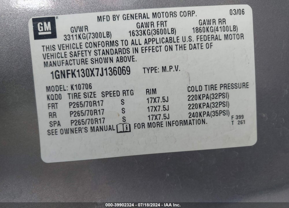2007 CHEVROLET TAHOE LS VIN: 1GNFK130X7J136069