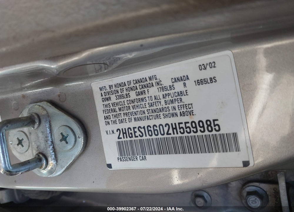 2002 HONDA CIVIC LX VIN: 2HGES16602H559985