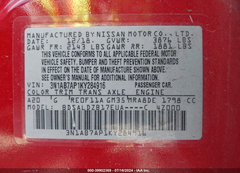 2019 NISSAN SENTRA SV VIN: 3N1AB7AP1KY284916