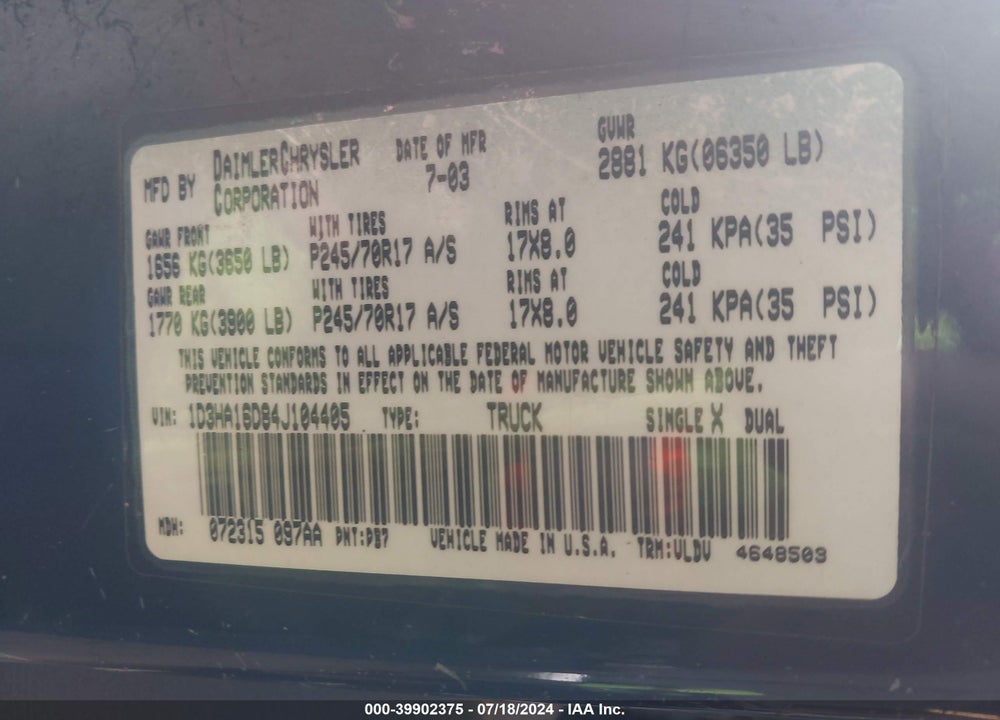 2004 DODGE RAM 1500 SLT/LARAMIE VIN: 1D3HA16D84J104405