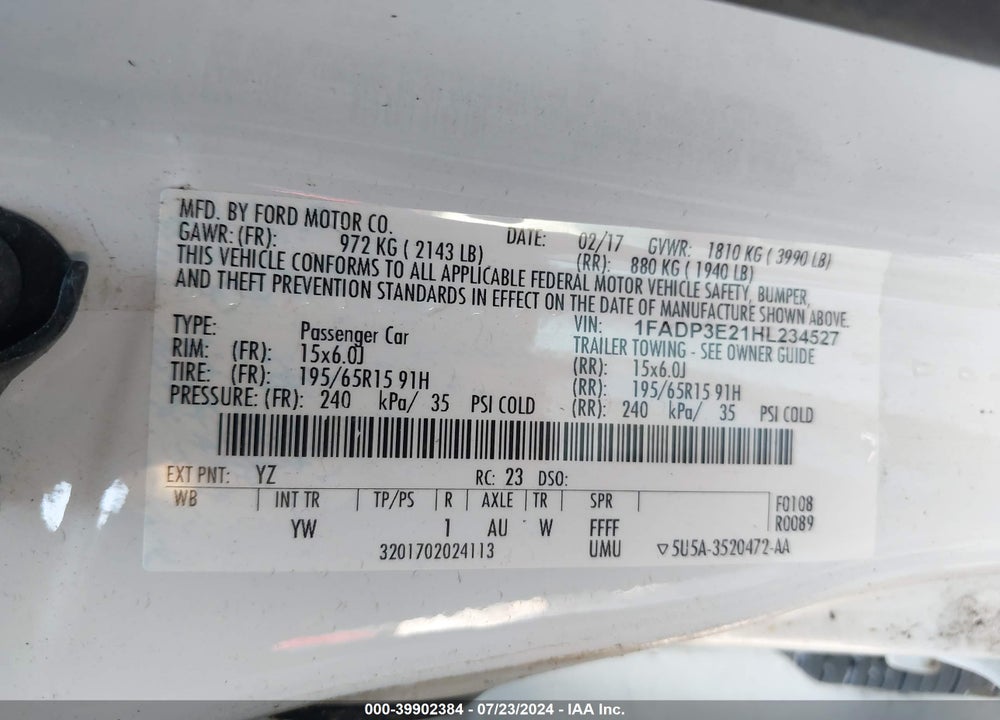 2017 FORD FOCUS S VIN: 1FADP3E21HL234527