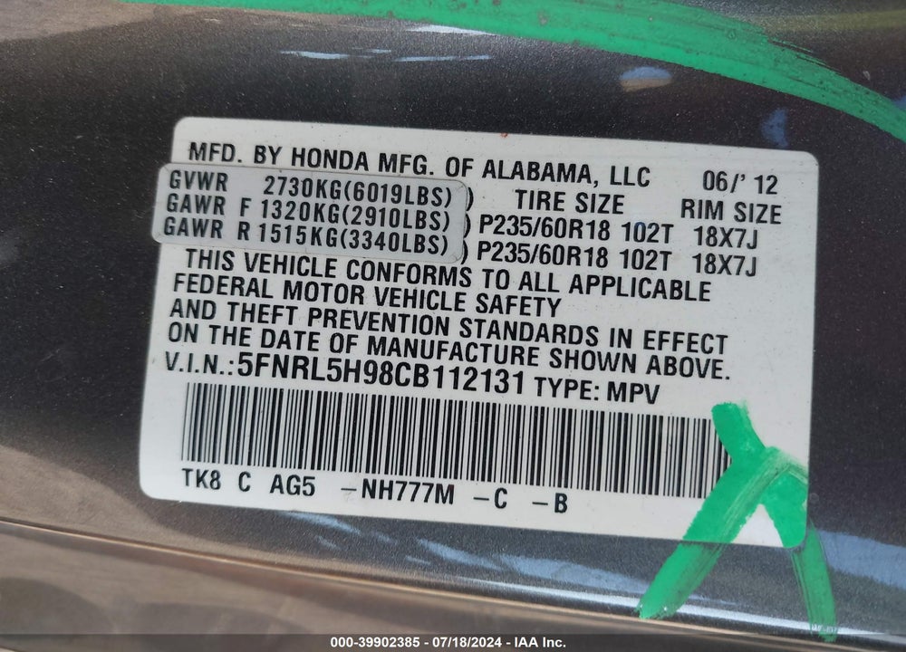 2012 HONDA ODYSSEY TOURING/TOURING ELITE VIN: 5FNRL5H98CB112131
