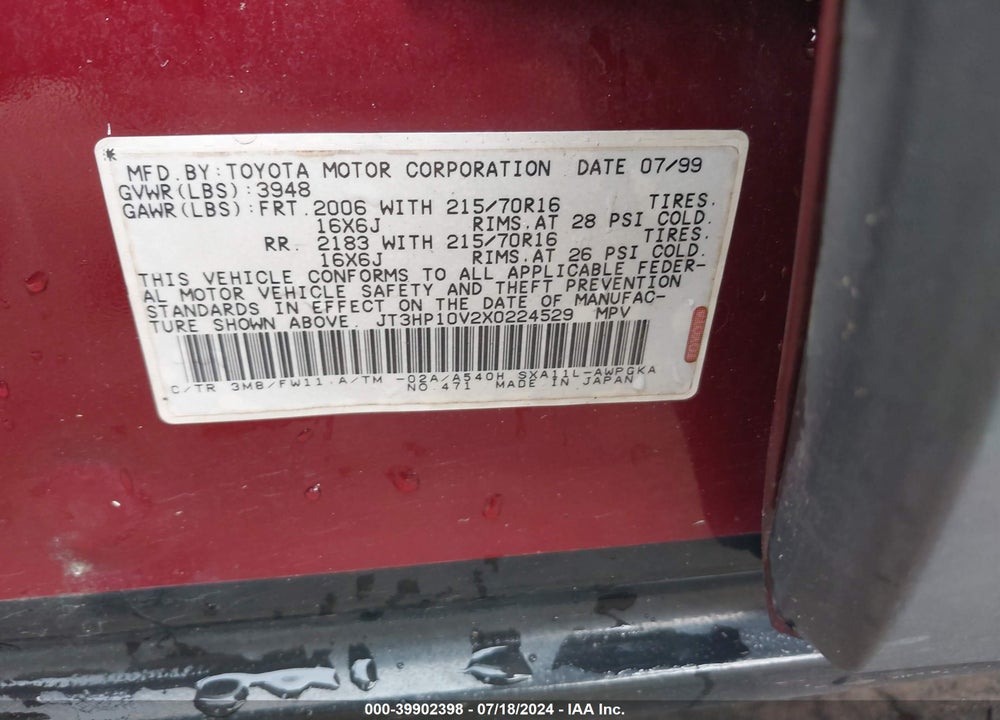 1999 TOYOTA RAV4 VIN: JT3HP10V2X0224529
