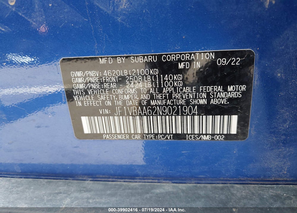 2022 SUBARU WRX VIN: JF1VBAA62N9021904