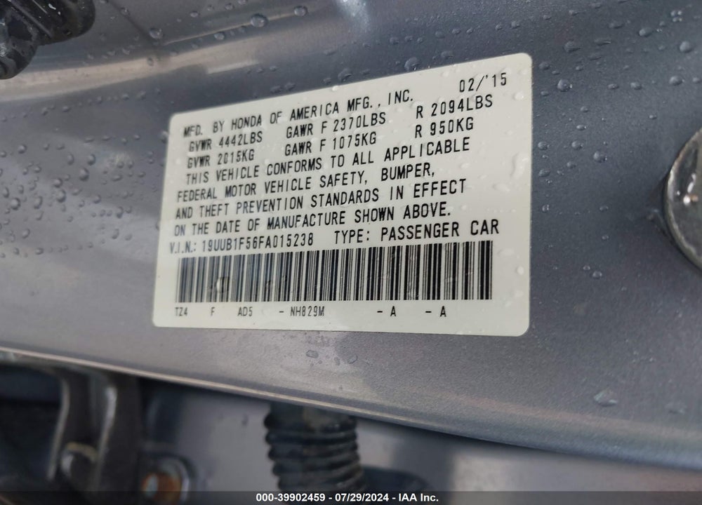 2015 ACURA TLX TECH VIN: 19UUB1F56FA015238