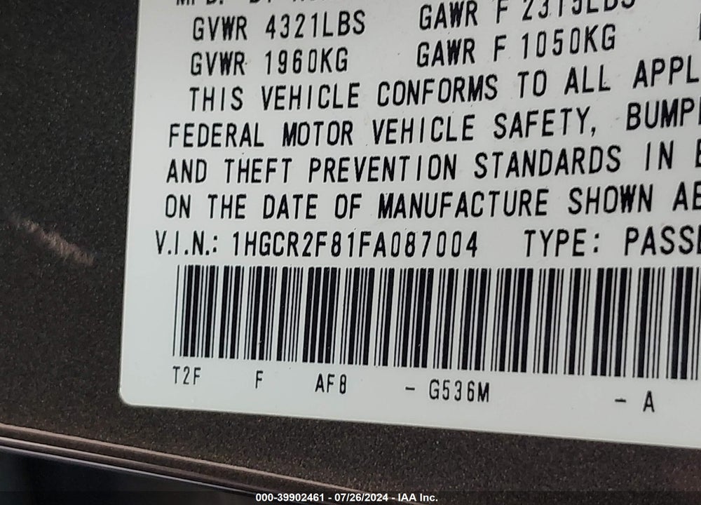 2015 HONDA ACCORD EX-L VIN: 1HGCR2F81FA087004