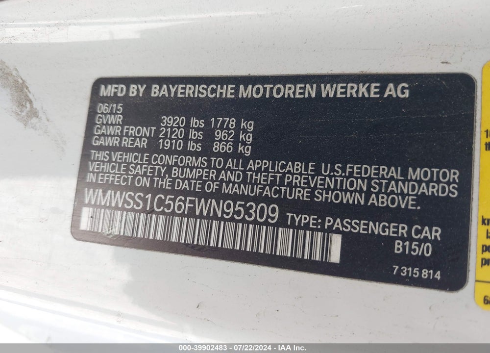 2015 MINI PACEMAN COOPER VIN: WMWSS1C56FWN95309