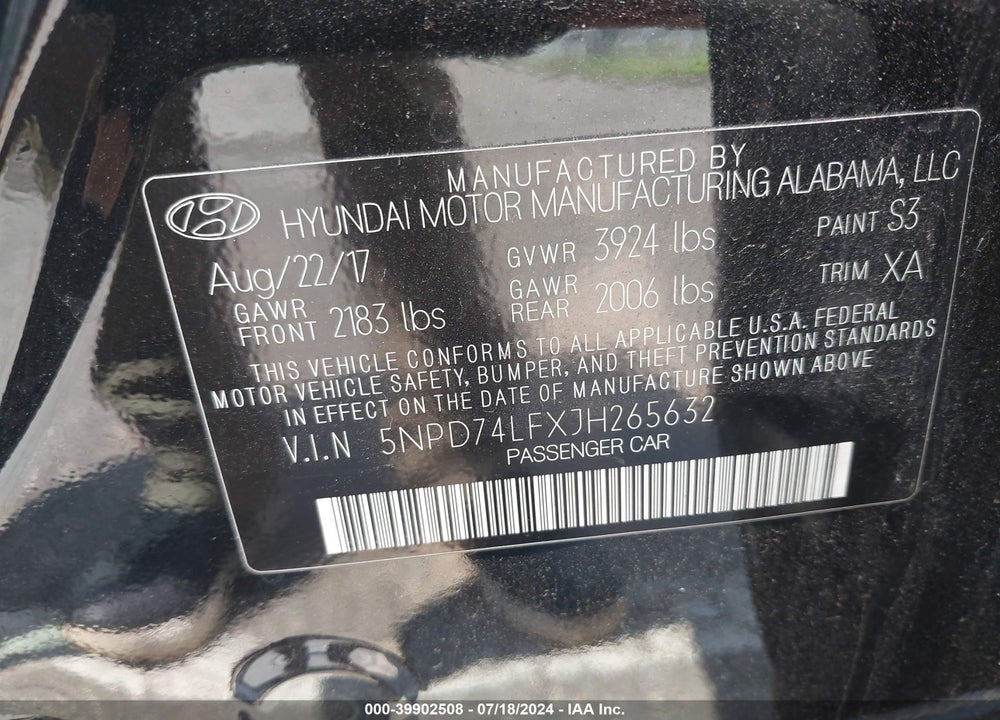 2018 HYUNDAI ELANTRA SE VIN: 5NPD74LFXJH265632