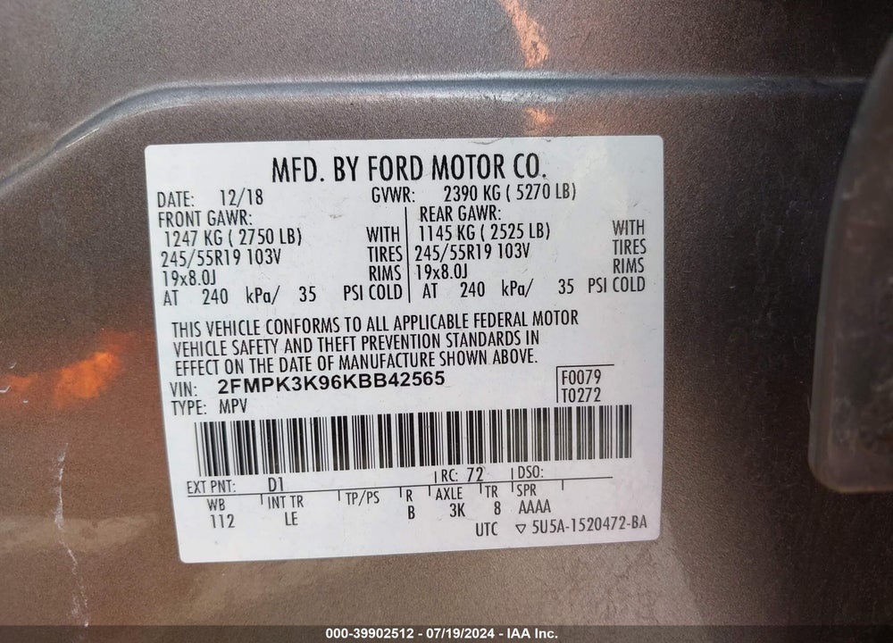 2019 FORD EDGE TITANIUM VIN: 2FMPK3K96KBB42565