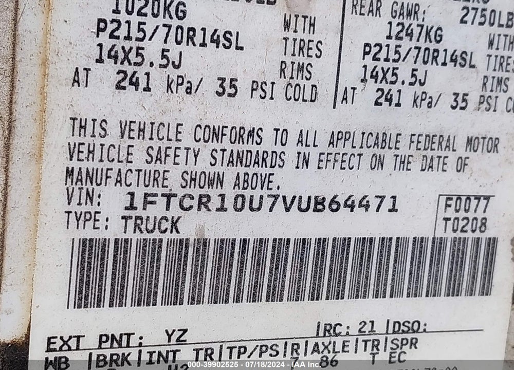 1997 FORD RANGER VIN: 1FTCR10U7VUB64471