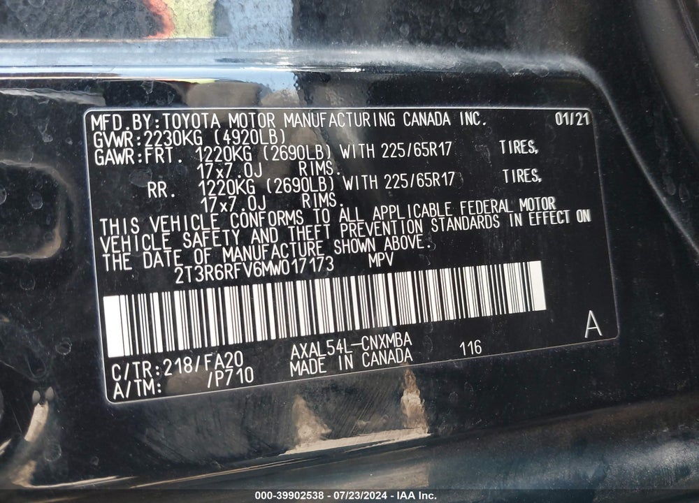 2021 TOYOTA RAV4 HYBRID XLE VIN: 2T3R6RFV6MW017173