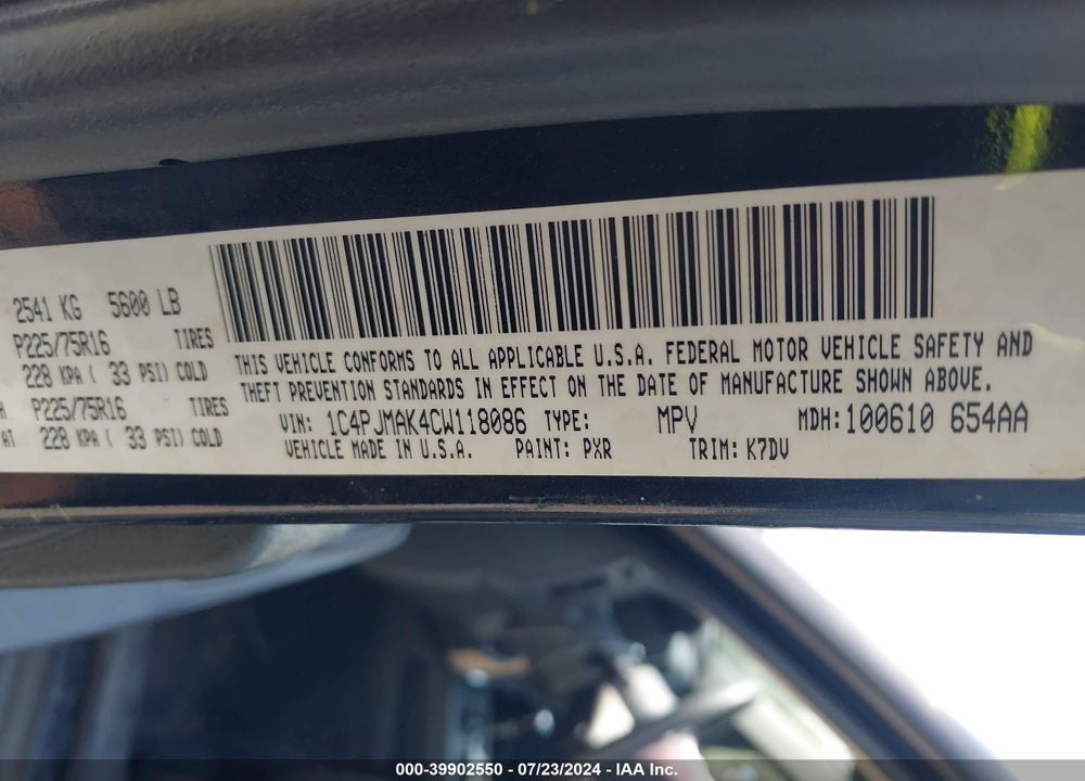 2012 JEEP LIBERTY SPORT VIN: 1C4PJMAK4CW118086