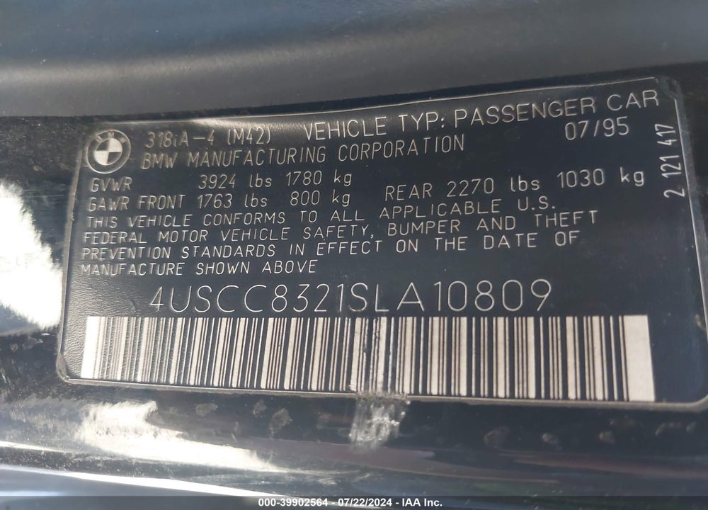 1995 BMW 318 I AUTOMATIC VIN: 4USCC8321SLA10809